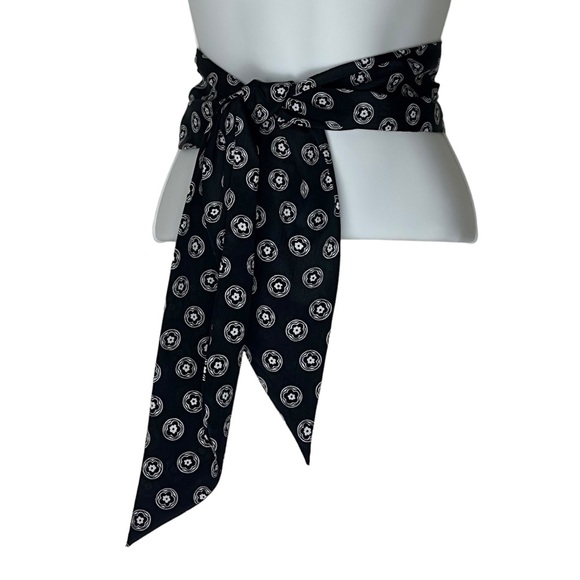 Black White Flower Power Long Head Scarf Hair Tie Belt - Picture 5 of 8